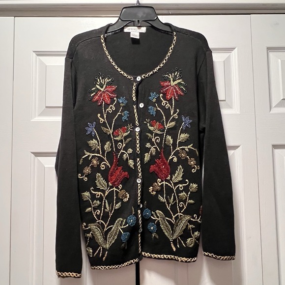 Arriviste Sweaters - Vintage Arriviste Black Floral Beaded Button Up Cardigan Sweater Cotton Blend L
